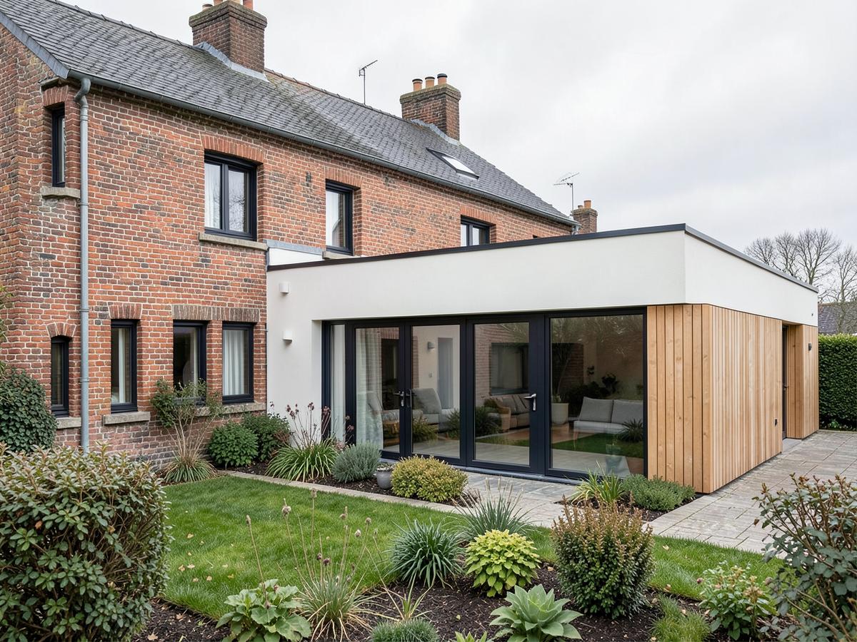 Extension de maison moderne avec baies vitrées accolée à une brique traditionnelle du Nord - La Clef Rénovation